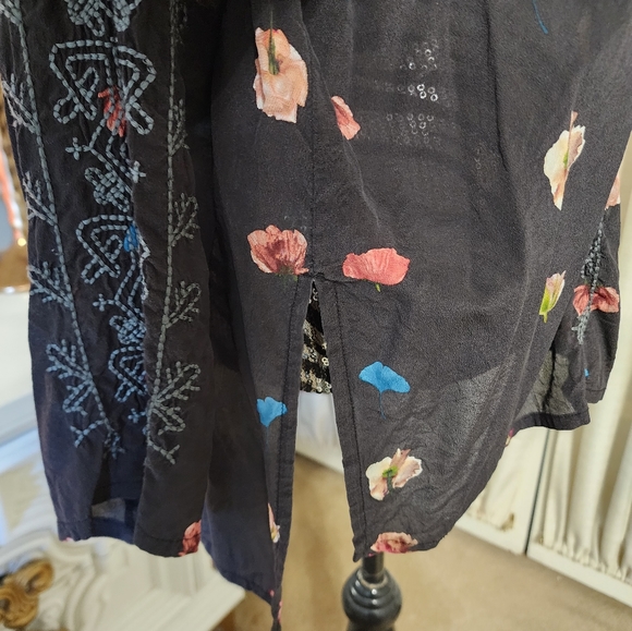 JohnnY Was Biya Inka silk blouse lack embroidered long sleeve split tie neck S - Picture 3 of 10